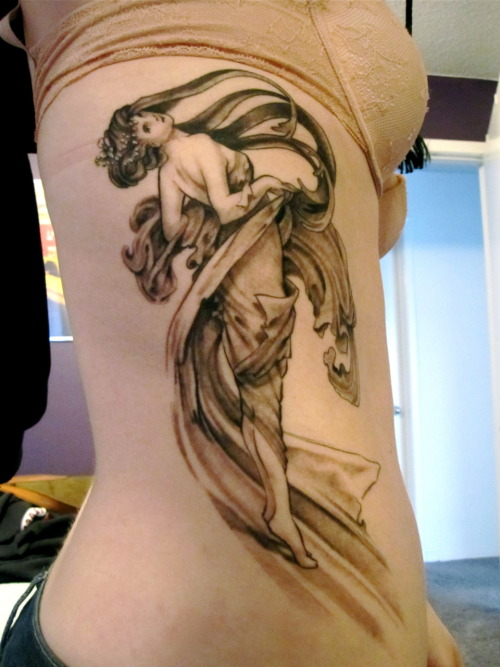 fuckyeahtattoos:  Mucha inspired. I fell in love with his work in my history of interior design class. I thought she was beautiful and wanted to keep her forever. 