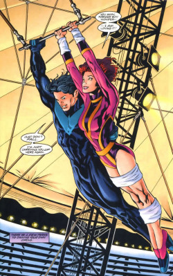 hatterandahare:  fyeahdickgrayson:  Birds of Prey #8.  omgomgomgomg he took his crippled (probs an offensive word) lover up to the trapeze … puke o fcute.   PHYSICAL DISABILITY~