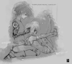missveryvery:  for hamlets =3=!! happy birthday!   I.. I don&rsquo;t think my heart can withstand this! Oh, VV! Your generosity is so limitless! You are really such a sweetheart and this is such a gorgeous drawing! Ah, what a tender and precious moment