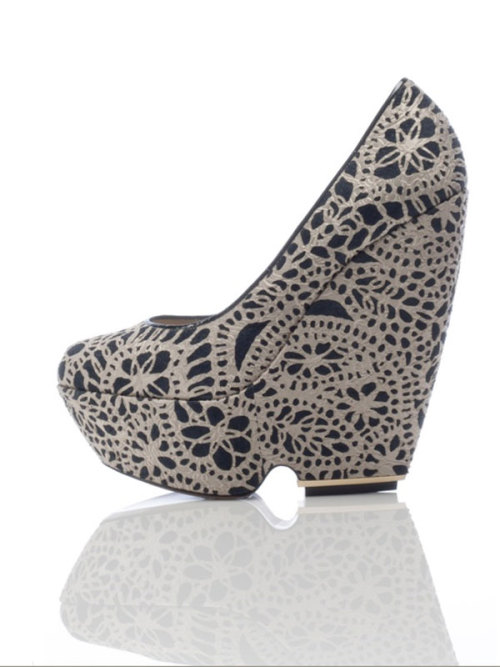 elle:Platform Extraordinaire Silk lace print over navy suede round toe platform from the Nicholas Ki