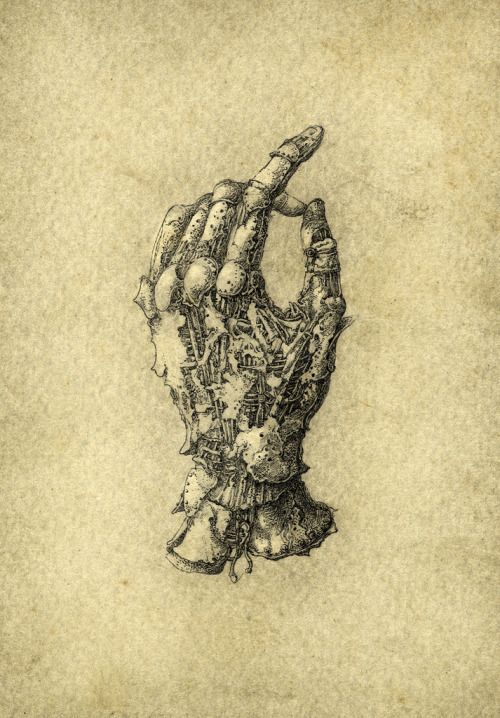 Yaroslav Gerzhedovich, Biomechanical hand/gauntlet ink on paper