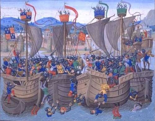 image: The Battle of Sluys, 1340, from Jean Froissart&rsquo;sChroniclesIn the Mediterranean, naval w