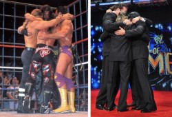 1st picture of HBK, Nash,HHH and Hall in their first cage match wrestling and the 2nd is all 4, years and years and years later at HBK&rsquo;s Hall of Fame ceremony&hellip; they almost got me to cry..nawl fuck it im cryn