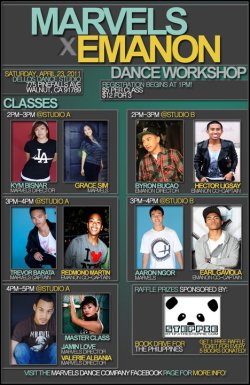 Saturday, April 23 ·  1:00pm - 5:00pm Dellos Dance Studio775 Pine Falls Ave.Walnut, CA  Come to the first ever Marvels Dance Company x Emanon Dance Crew Collab Workshop!Registration starts at 1pm!ŭ Per Classผ for 3Classes:2pm-3pmStudio A: Kym