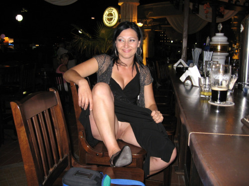 Wife flashing pussy in public bar