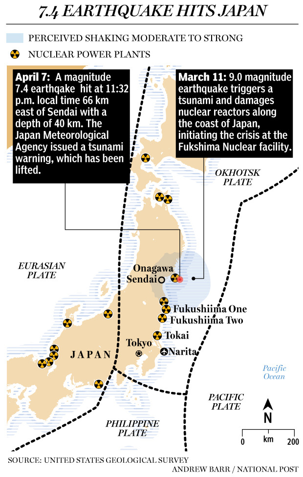 nationalpost:
“ Tsunami warning lifted after 7.4 quake rattles Japan
TOKYO — A strong earthquake of magnitude 7.4 shook the northeast of Japan late on Thursday, and a tsunami warning was issued for the coast already devastated by last month’s massive...