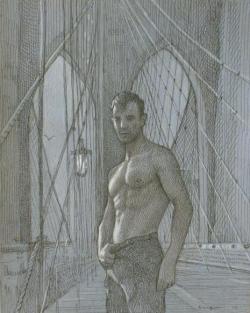 artqueer:  Todd Yeager: Bryan (Slater) on the Brooklyn Bridge, 6” x 7.5”, Ink &amp; Charcoal, 2010. 