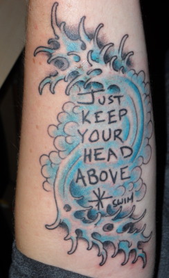 fuckyeahtattoos:  Lyrics from “Swim” by Jack’s Mannequin. Done freehand by Kurt Melancon at Leviticus Tattoos in Minneapolis, handwritten lyrics by Andrew McMahon.  This tattoo means a lot of things to me, but ultimately it just reminds me to find