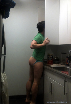 bubblejock:  breakfast in the kitchen. wearing Timoteo “brief jocks” courtesy of Mensuas.com … love em.  if you like ass, follow me on Twitter  Sir. You have such a delicious ass.