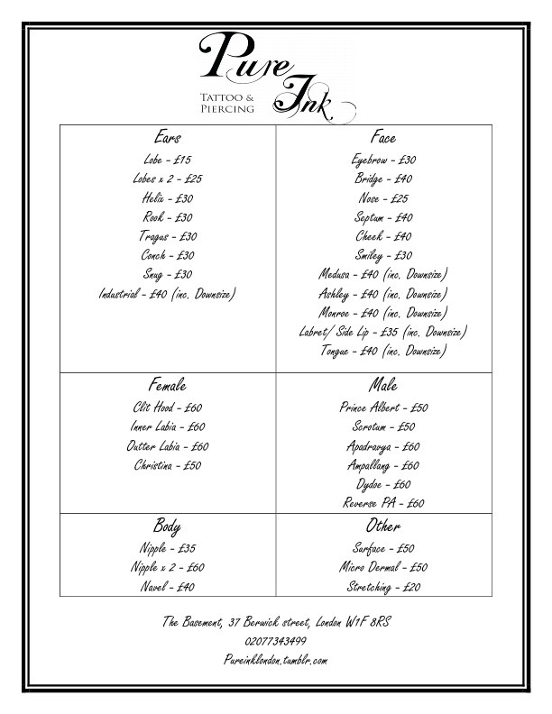 Pure Ink London Body Piercing Price List
All Piercings by Grace Neutral