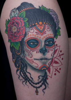 fuckyeahtattoos:  This is a mixed mythology piece. It represents Persephone, a Greek character who I have been obsessed with for some time now and Dia de los Muertos. No, I am not Hispanic, but the holiday is completely engaging and falls on my birthday.