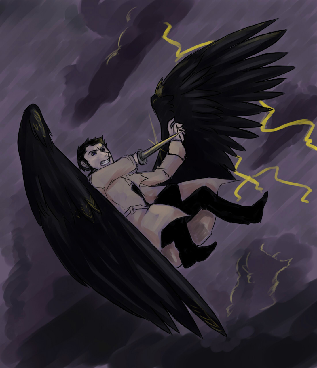 Castiel in a storm, fighting something. Fleshed this out from an earlier wing action