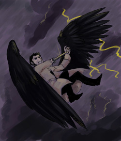 Castiel in a storm, fighting something. Fleshed