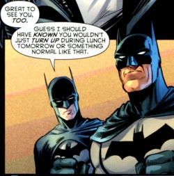 holybatblogbatman:  magebird:  BEST LINE IN THE HISTORY OF COMICS EVER.  I loved everything about this scene, but mostly Dick’s resigned attitude to Bruce coming back from being lost in time. At this point nothing can phase that boy. 