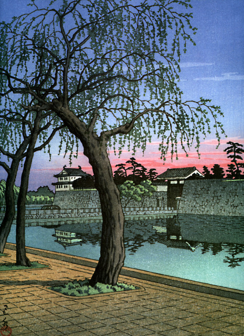 Japanese Ukiyo-e: Sunset Glow at Otemon Gate. Hasui Kawase. 1952