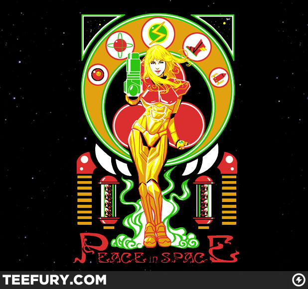 Timothy Lim’s art nouveau style Metroid shirt design will be on sale Saturday (04/23) at TeeFury.com. Get some!
Related Rampages: Peace in Space, Part 2 | 20XX World’s Fair
Peace in Space by Timothy Lim / ninjaink
Via: teevil