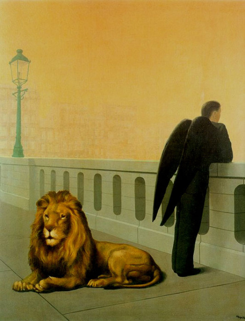 ofpaperandponies:  Homesickness   Neither the lion nor the man with folded wings have any business b