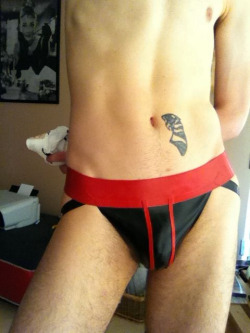jock2strap:  Nice body in a rubber jockstrap.    capnkink:  There are some days when there’s nothing to do but rubber up.     
