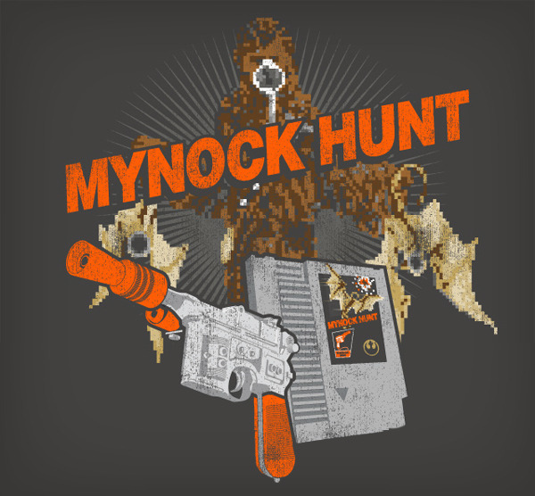 Old school Duck Hunt and Star Wars have been brought together in this hilarious mash up shirt design by John Karpinsky. Vote it up at Threadless!
Related Rampage: Day of the Dead: Fett
Mynock Hunt by John Karpinsky (Etsy) (Facebook)