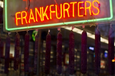 Franks hanging in the window of Katz’s Deli - Houston St, NYC