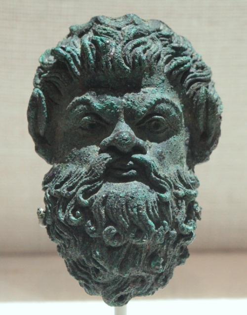 brassivydesign:Bronze handle attachment in the form of a satyr maskGreekHellenistic2nd century B.C.T