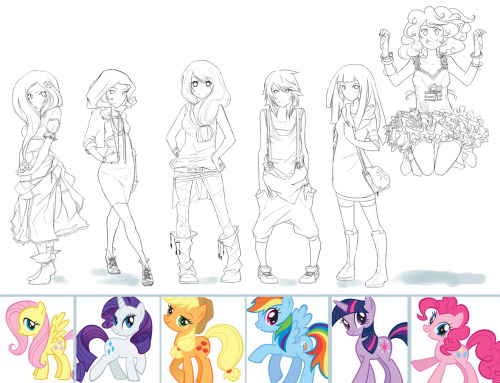 bonnefoy:  iraya:  checaria:  nickiepie:  applemal:  princeponey:  aquafeles:  I DID ITAll the main ponies gijinkas!It’s still just the linework but the color will happen tomorrow c: (and applejack will get her hat, because she is missing it right now