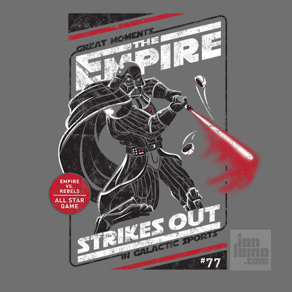Star Wars and baseball have been forced together into one rad design thanks to artist Ian Leino. You can get it on a raglan sleeve jersey at his personal store (Promo code “VADER10” = 10% off) or grab it up at RIPT tomorrow (4/28).
Contest: Reblog...