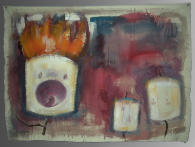 Three Marshmallows, One on Fire, 2010, Mixed Media on Canvas.