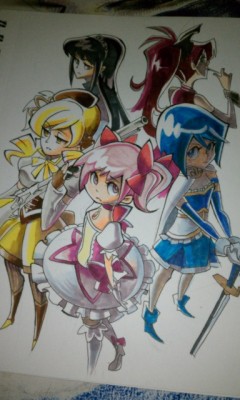 nargyle:  I ended coloring my original madoka print idea in markers at Anime Boston. Half copic half Roseart markers hurhur. 