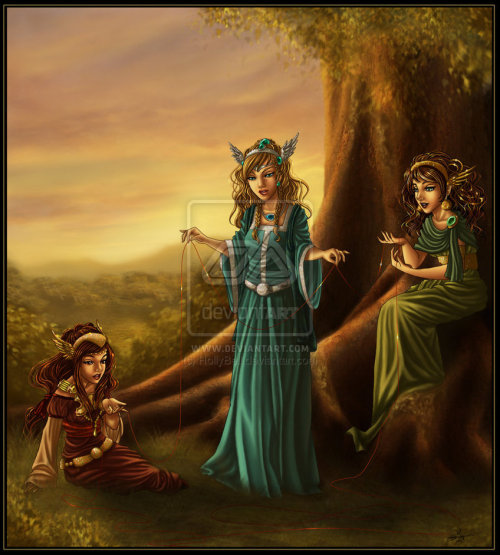 The three norns of Norse mythology. Urd is the past. Verdandi is present. Skuld is future.