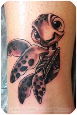 peachytattoos:  Did a tattoo of Squirt from the movie Finding Nemo. He’s so cute! ♥ Peachy  Totally 