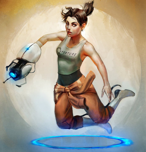 justinrampage:Artist Jenny Stout displays Chell and her Portal jumping at its finest! Step by step i