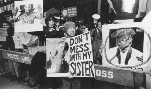 New York City protest of the racist and sexist images in Miss Saigon, April 1991. The photograph of 