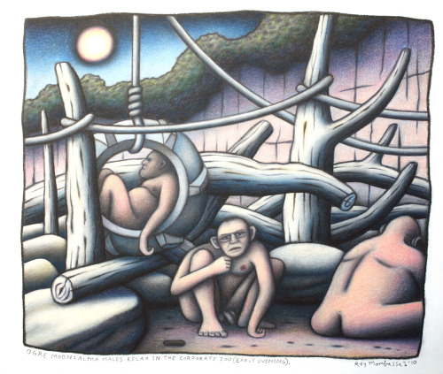 Ogre moon: Alpha males relax in the corporate zoo
charcoal and coloured pencil on paper
2010