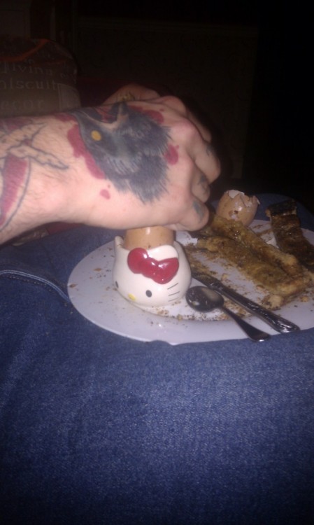 Only the manliest of men use Hello Kitty egg cups :)