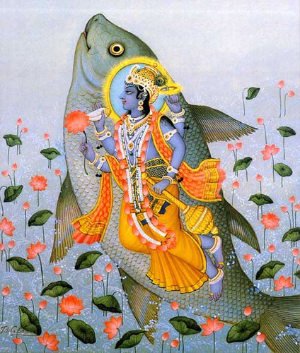 saintshiva:  Matsya (Sanskrit: मत्स्य) (Fish in Sanskrit) was the first Avatar of Vishnu in Hinduism. The great flood finds mention in Hinduism texts like the Satapatha Brahmana, where in the Matsya Avatar takes place to save the pious and