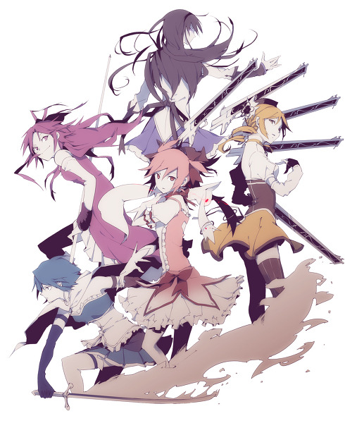 alliterate:  [image: fanart of Homura, Mami, Madoka, Sayaka, and Kyōko from Puella