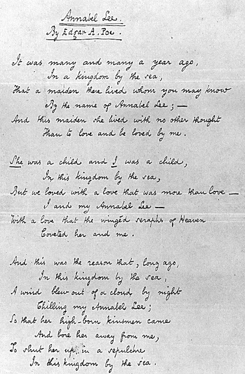 petitpoulailler:  1849 Edgar Allan Poe (American 1809-49) ~ Annabel Lee … but we loved with a love that was more than love …   …i to jest czytelne. A ja nawet na klawiaturze bazgrolę.