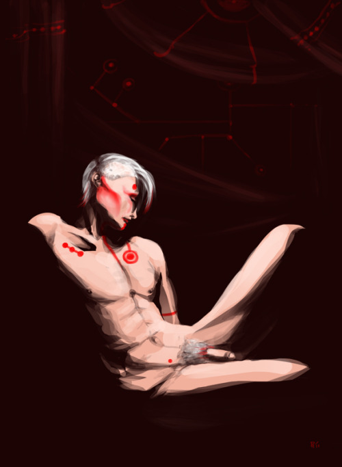 featherwurm: [Image: Digital Painting of a nude male figure with red circuitry patterns on their ski