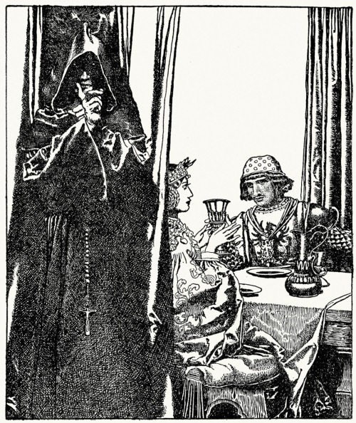 oldbookillustrations:Sir Gawaine sups with ye lady Ettard.From The story of King Arthur and his knig