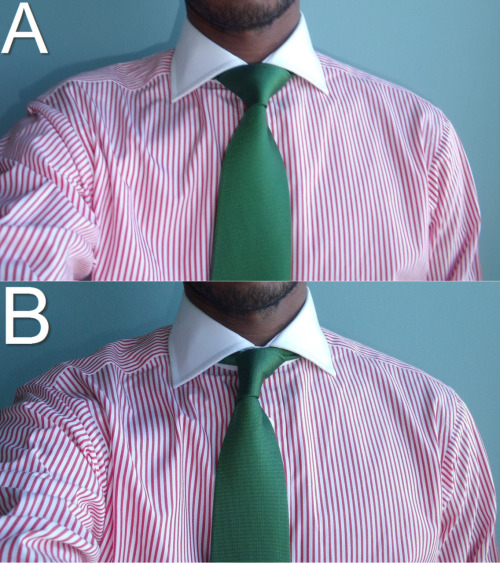 Rock the Vote.
A is a Half Windsor knot.
B is a Double Four-in-Hand knot.
Which knot do you like better with this collar?