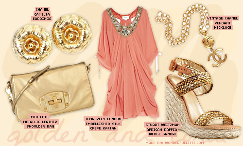 wonderfullifee:  golden and coral: i’m loving the chanel accessories in this set, the earrings are so cute. the kaftan is a gorgeous shade of coral and you could probably wear a bathing suit underneath.