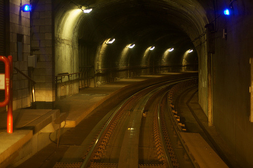 Skytrain Tracks (by Dan Udey)
““This is a quick shot of the track as seen from the front of the train when sitting at Burrard Station, about to embark towards Waterfront.””