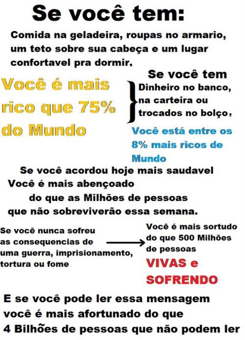 E ainda tem uns e outros que gostam de reclamar da vida, sem saber do quanto possuem.. 