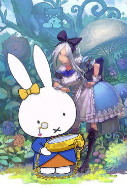 alice in wonderland alice (wonderland) aro (charged time out) boots bow bunny cat dress hair bow knee boots miffy pocket watch white hair white rabbit white rabbit (cosplay) wrist cuffs :x