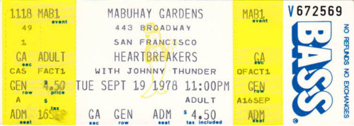 Johnny Thunders & The Heartbreakers - 1978 Ticket Stub - Image: Ryan Richardson