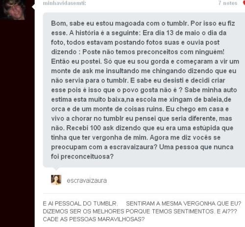  Eu me senti tão triste. Vocês não ? E agora as palavras somem , eu nunca pensei que alguem daqui poderia fazer isso . O que , vocês acham que são melhores do que ela ? Pra isso gente eu não tenho nem palavras , a vergonha tomo conta . A unica palavra