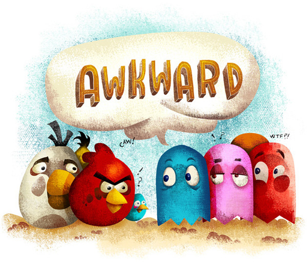 If the Angry Birds and the Pac-Man Ghosts were to face off, things would get very hawkward indeed. Hilarious illustration by Dave Mott.
Related Rampage: Angry Birds Assemble!
Awkward Birds by Dave Mott (Flickr) (Twitter)