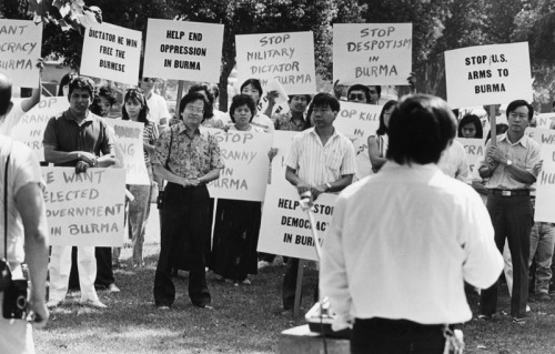 Burmese protest at San Gabriel Municipal Park. Photo by Mike Sergieff. Lawyer Frank R. Oo speaks to 