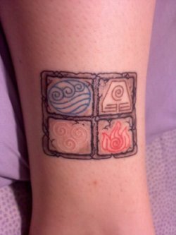 fuckyeahtattoos:  The top is the elements from Avatar The Last Airbender, the anime.  I got it because a very good friend of mine, Jonathon Brandon, introduced me to anime and Avatar was the show we always watched together. Last year in June, he passed